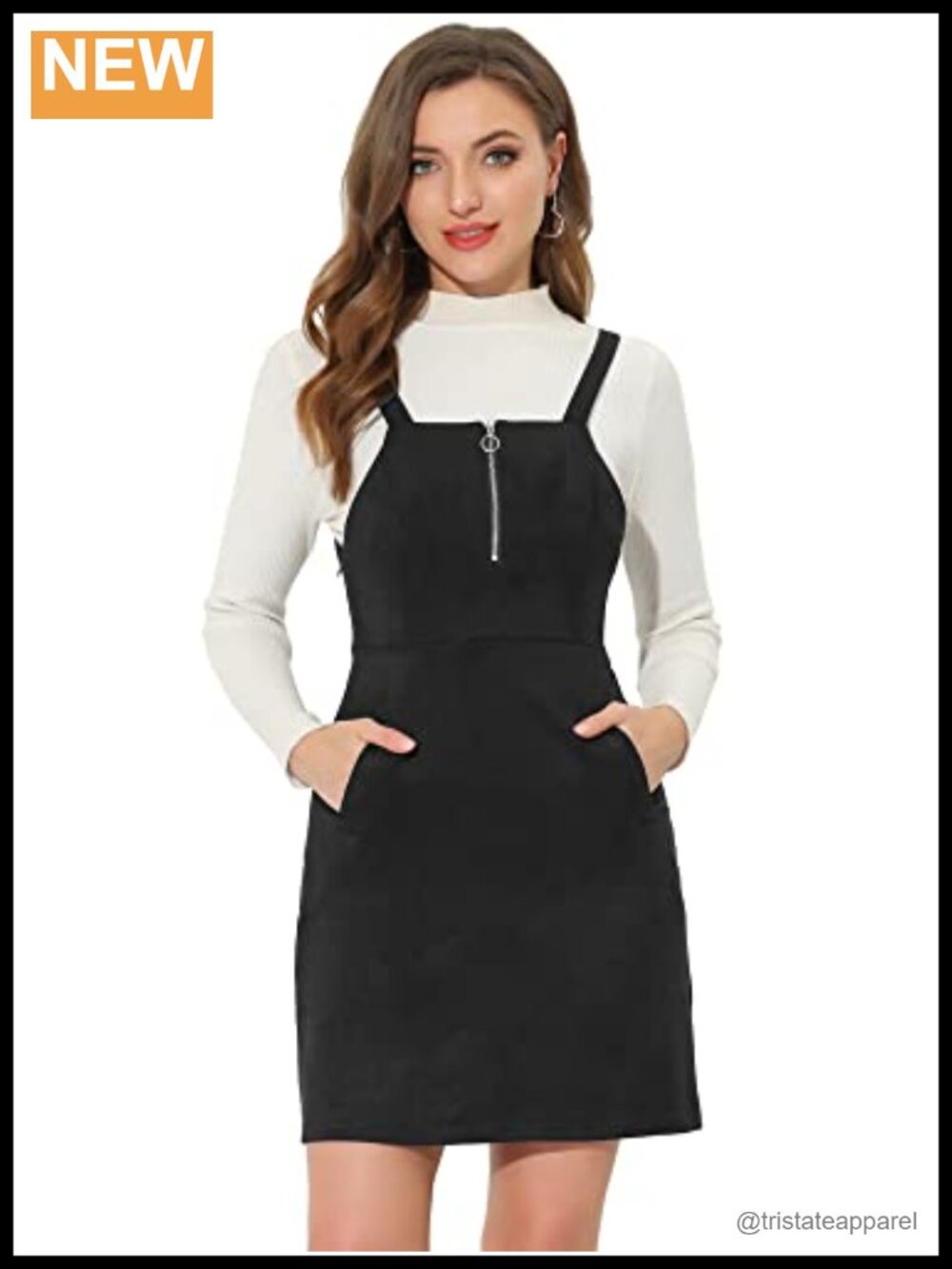 Faux Suede Zipper Front A-Line Overall Pinafore Dress Sleeveless